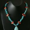 Turquoise and red coral necklace highlighted with turquoise pendant. Chic collection. 20" long. [Mood swings, prosperity, success, depression, stamina, and fertility] $60